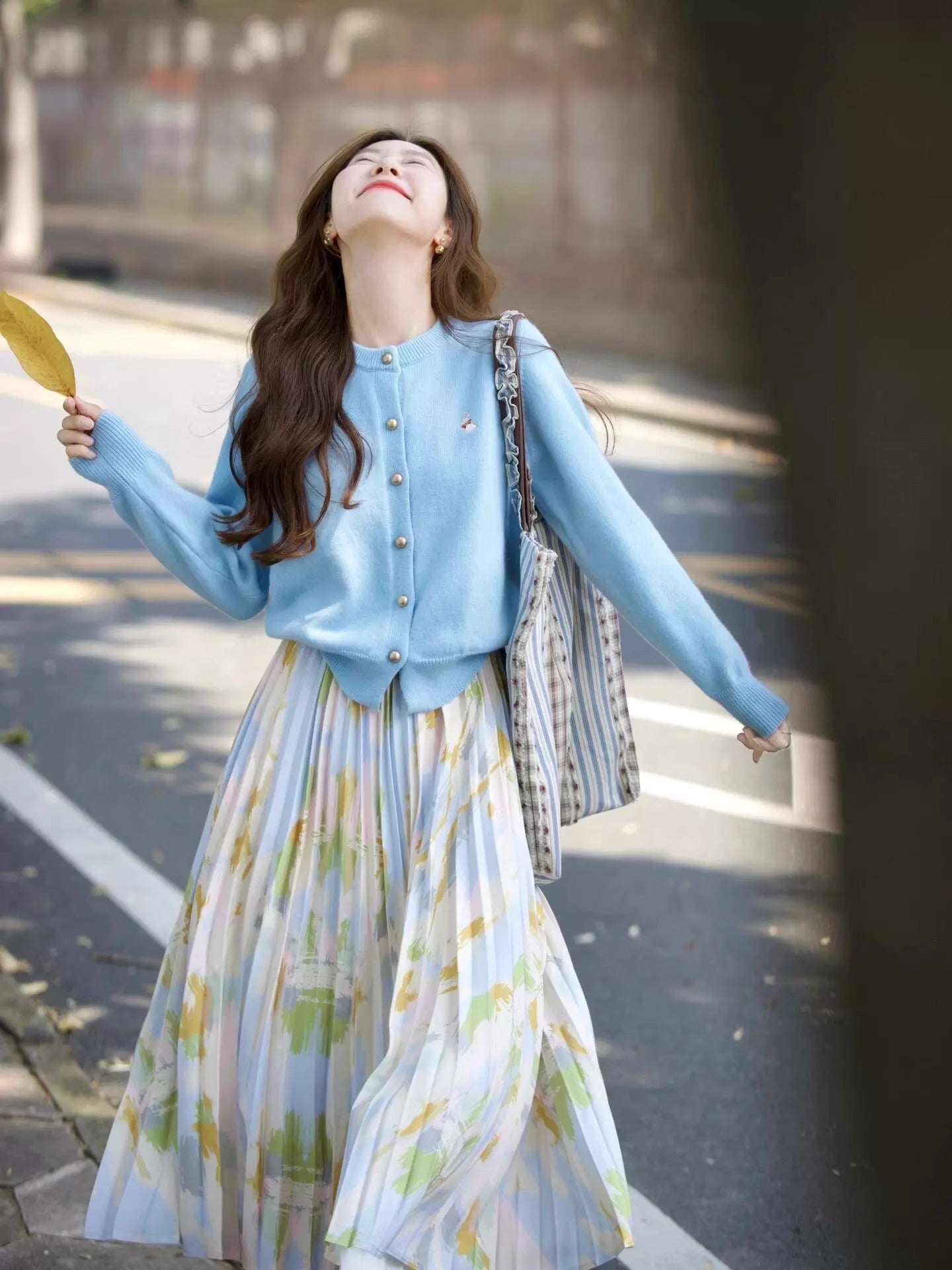 Blue Cardigan + Floral Pleated Skirt Two Pieces Set