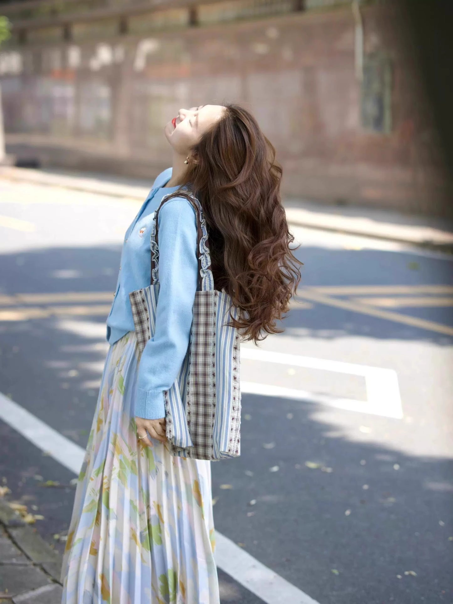 Blue Cardigan + Floral Pleated Skirt Two Pieces Set