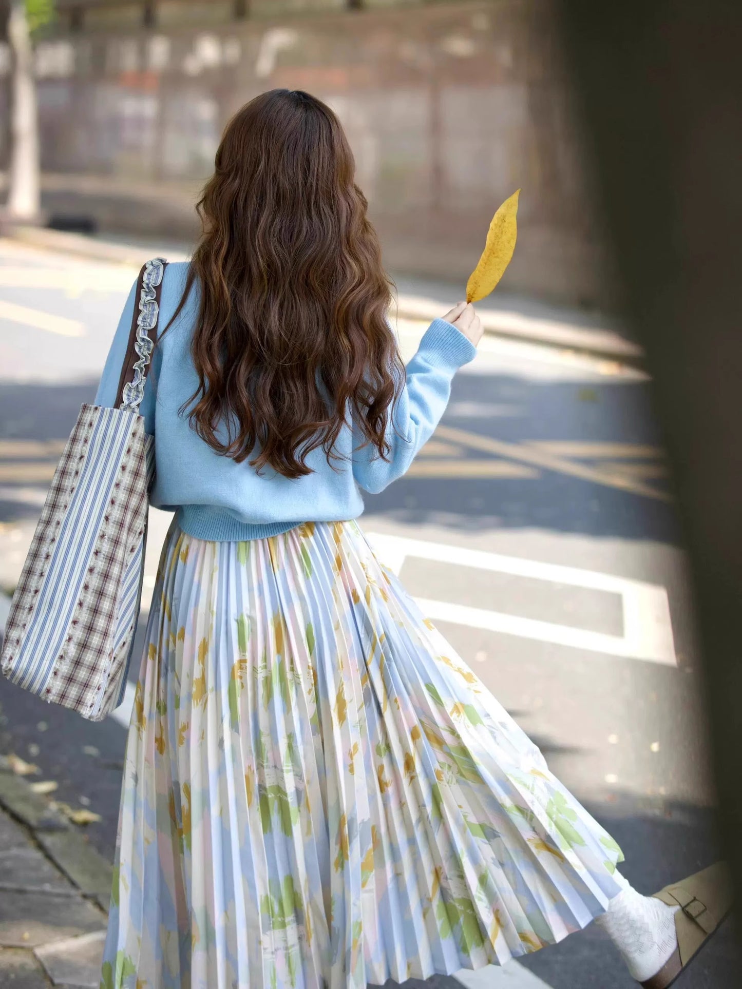 Blue Cardigan + Floral Pleated Skirt Two Pieces Set