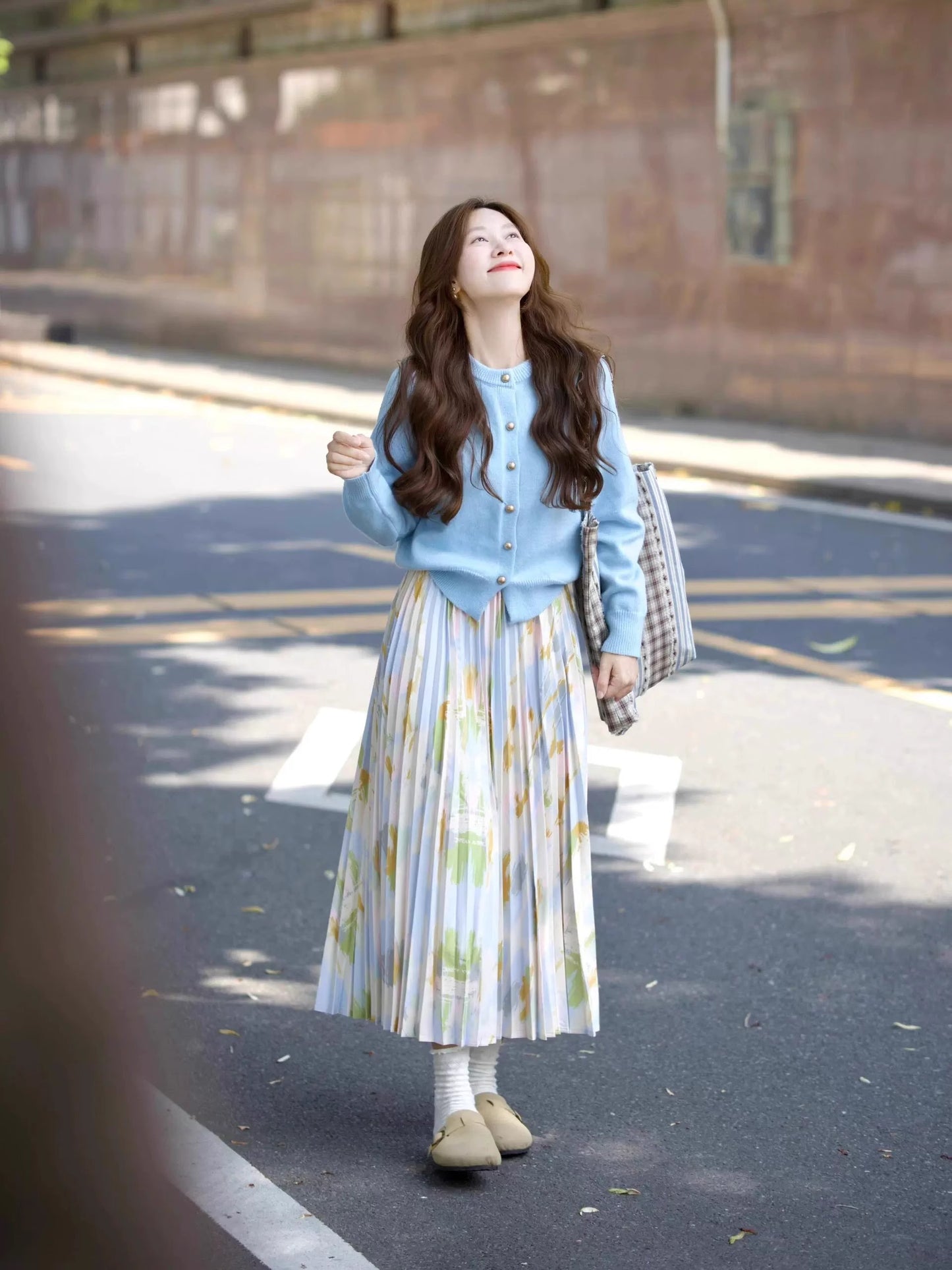 Blue Cardigan + Floral Pleated Skirt Two Pieces Set