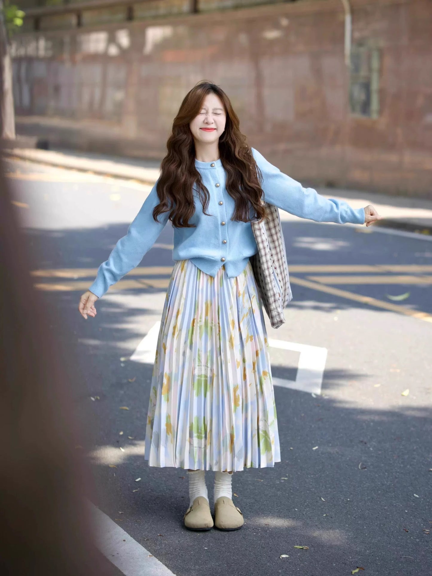 Blue Cardigan + Floral Pleated Skirt Two Pieces Set