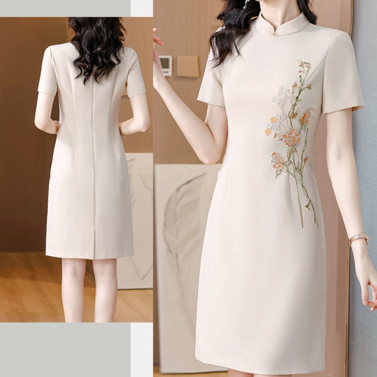 Apricot Embroidered Short-sleeved Cheongsam Dress
