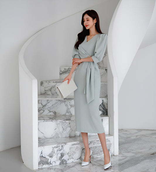 Ash Grey V-neck Medium Length Elegant Dress