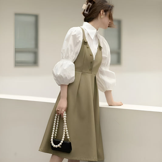 Audrey Hepburn Style High-end Shirt + Suspender Dress Two Pieces Set