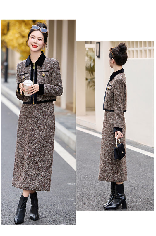 Autumn And Winter Brown Jacket + Skirt Two Pieces Suit Set