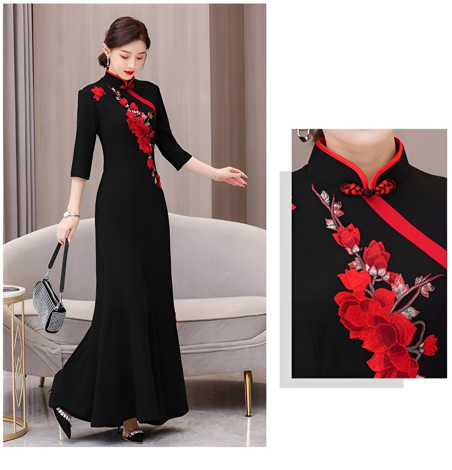 Black And Red Flower Cheongsam Elegant Long Evening Dress