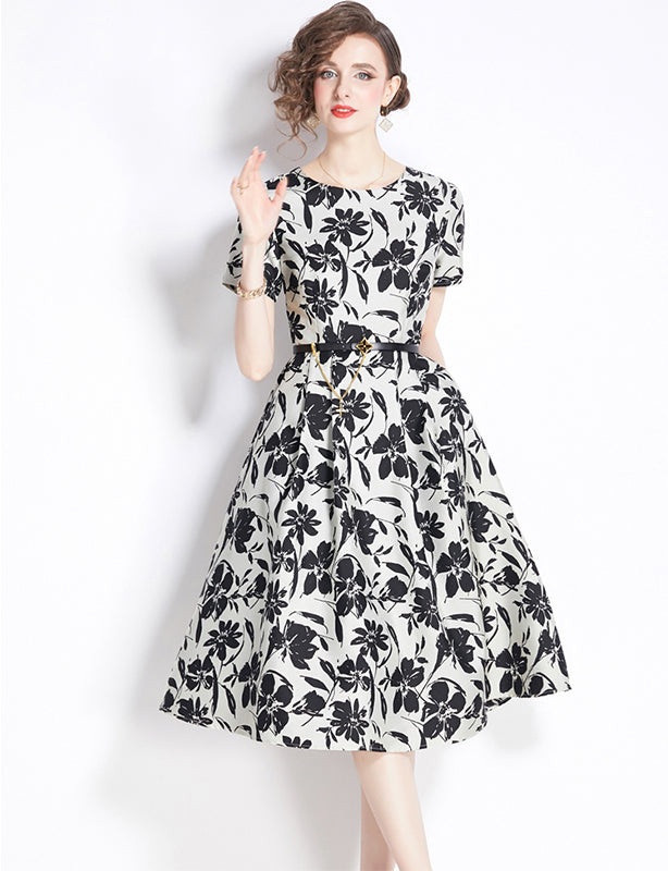 Black And White Floral Round Neck A-line Dress