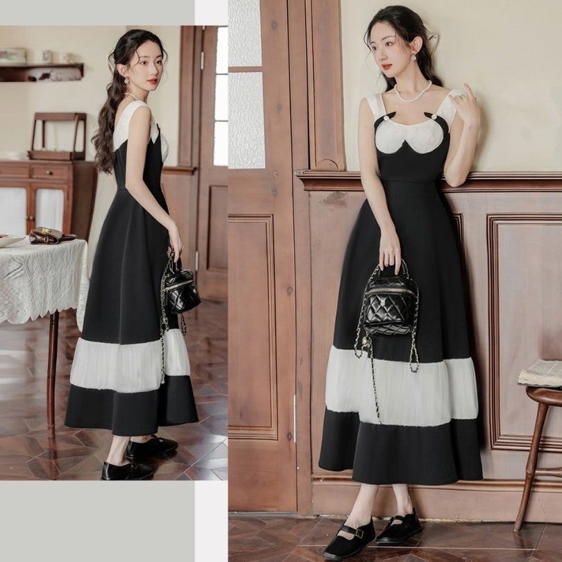 Black And White Pleated Buckle Retro Elegant Dress