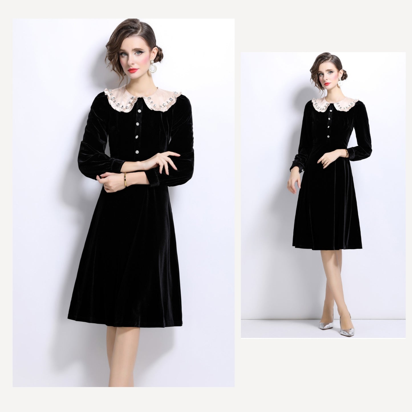 Black Doll Collar Mid-length Velvet Dress