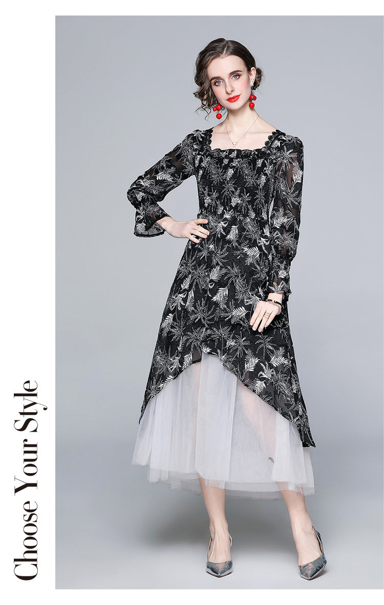 Black Flocking Flower Retro Elegant Dress