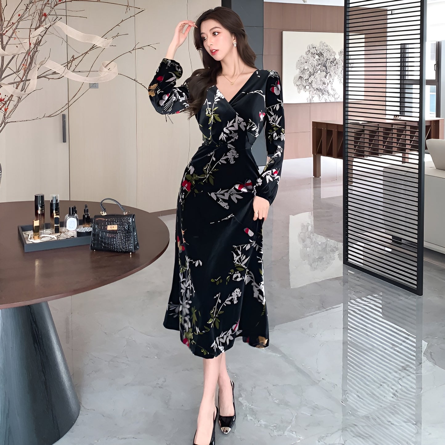 Black Floral V-neck Embossed Velvet Dress