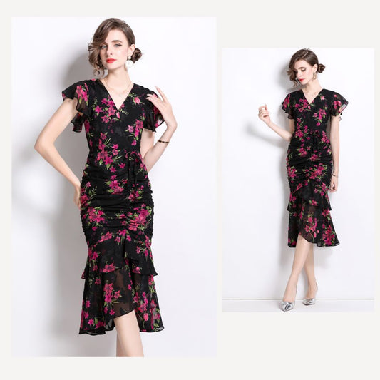 Black Floral V-neck Slim Dress