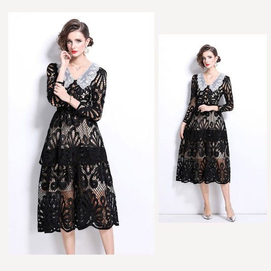 Black Hook Flower Embroidery Lace Dress