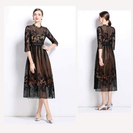 Black Hook Flower Lace Mid-length Dress