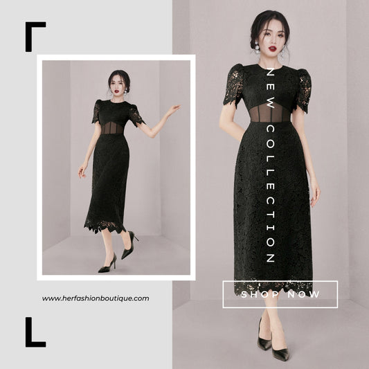 Black Lace Medium Length Dress