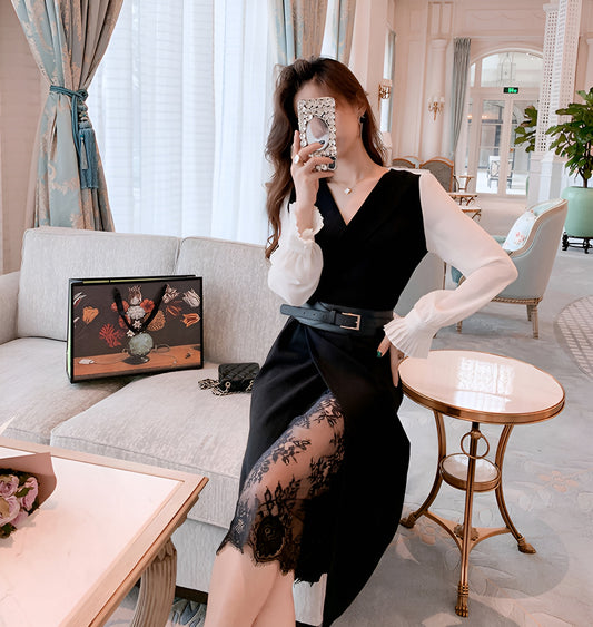 Black Lace Stitching Sexy Elegant Dress