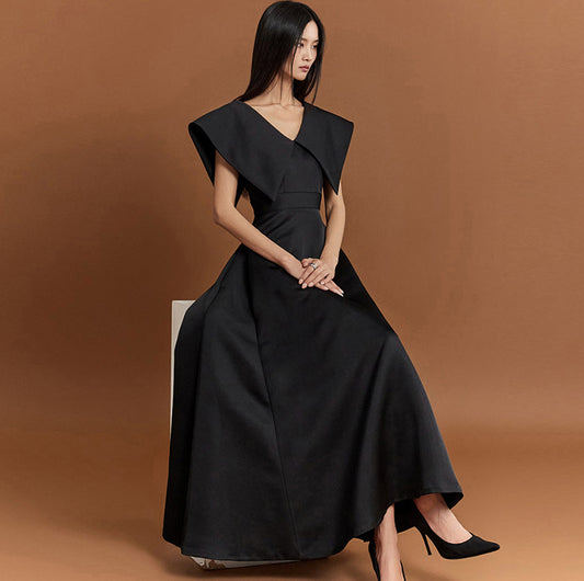 Black Large Lapel Simple and Elegant Swing A-line Dress