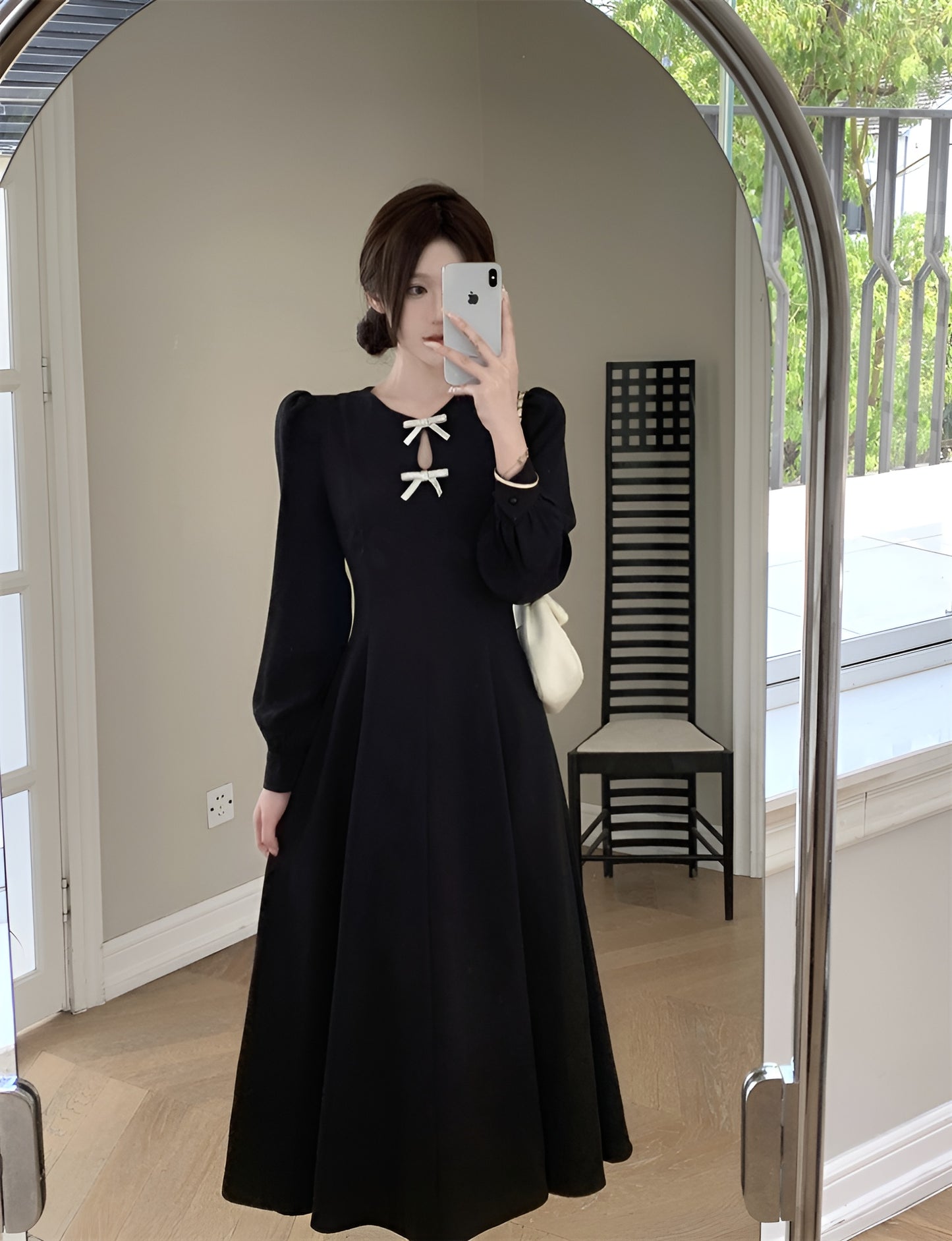 Black Long-sleeve Rhinestone Butterfly Mid Length Dress