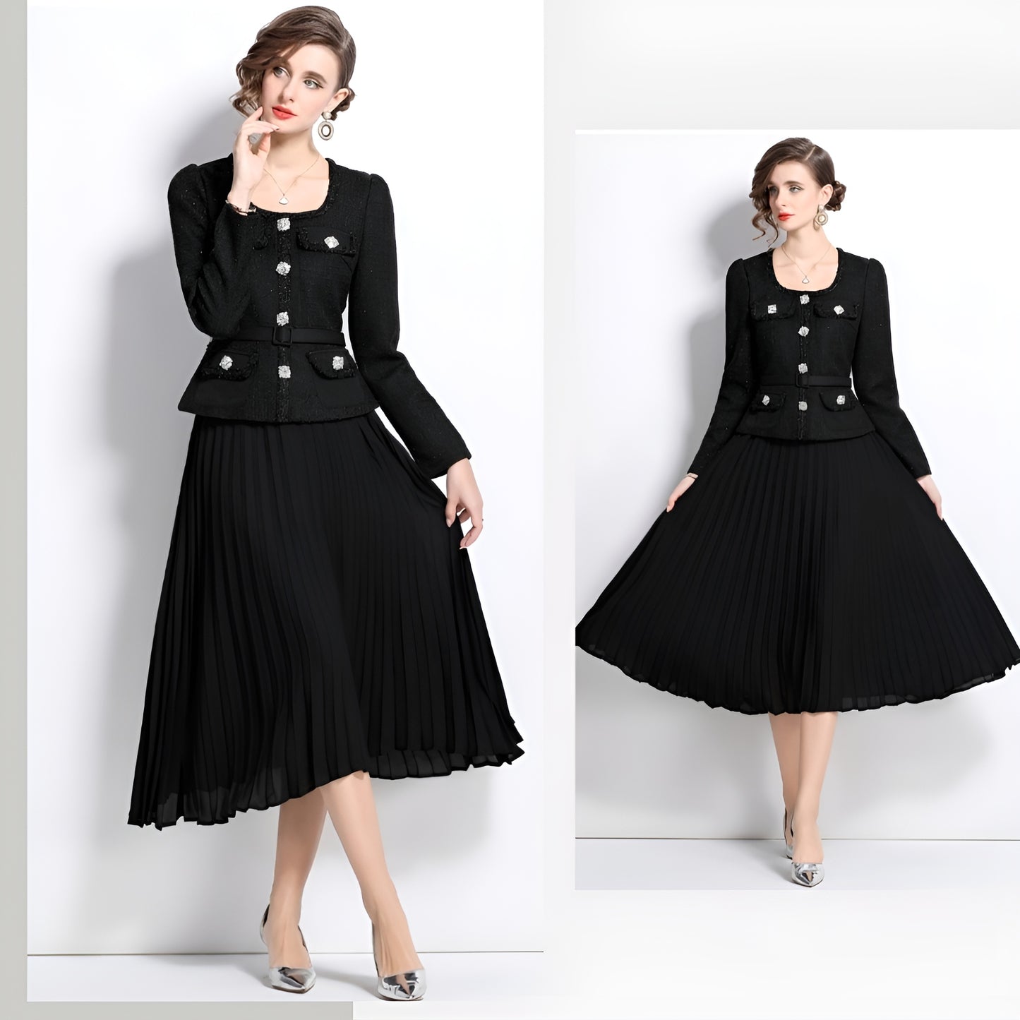 Black Long-sleeve Square Neck Stitching Pleated Large Swing Dress