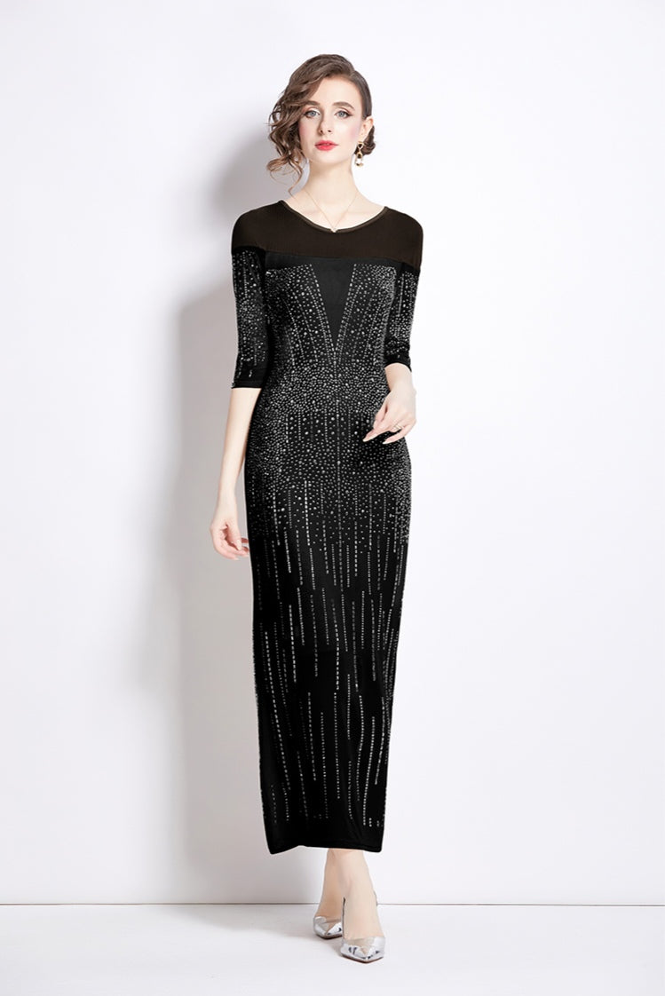 Black Mesh Hot Diamond Elegant Evening Dress