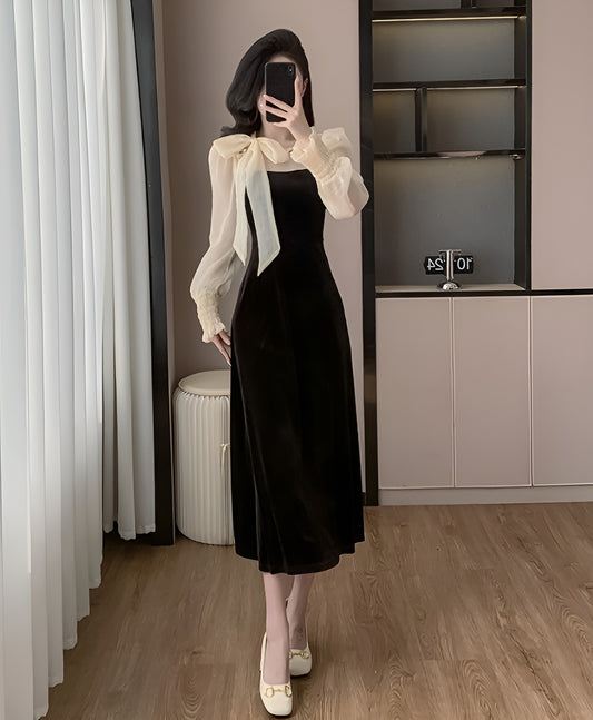 Black Pearl Bow Sweet Lady Long Slim A-line Velvet Dress