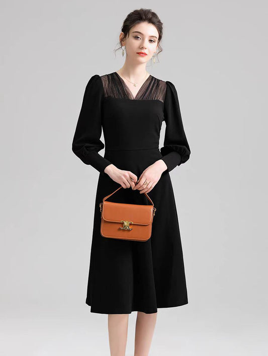 Black Splicing Mesh V-neck Dress