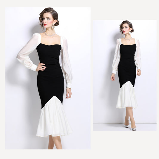 Black Square Collar Fishtail Dress