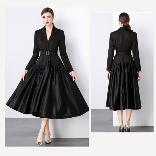 Black Suit Collar Splicing Large Swing Mid-length Dress