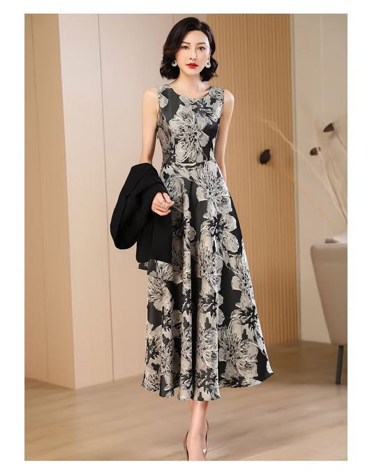 Black Suit Jacket + Sleeveless Floral Dress Two Pieces Set