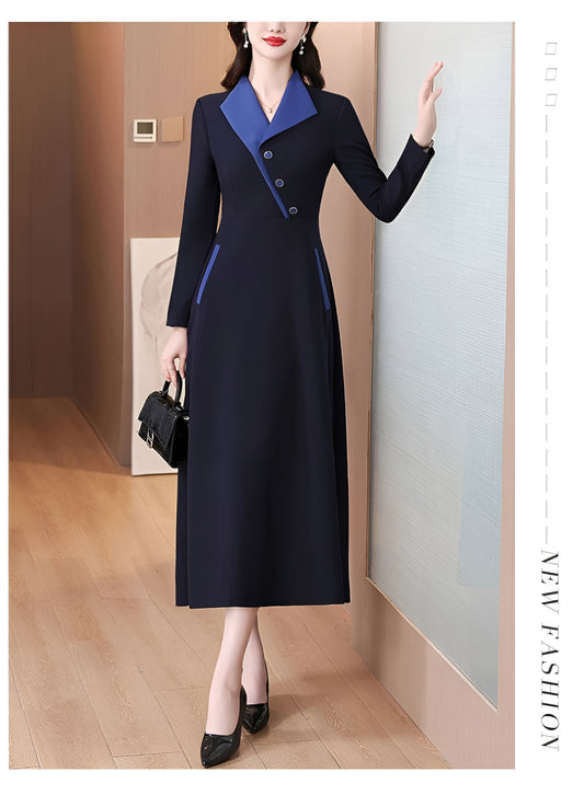 Black With Blue Collar Autumn And Winter Style Mid-length Dress