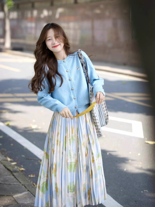 Blue Cardigan + Floral Pleated Skirt Two Pieces Set