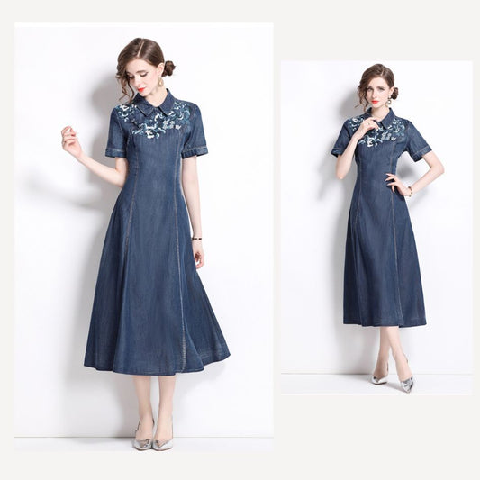 Blue Denim Retro Embroidery Mid-length Dress