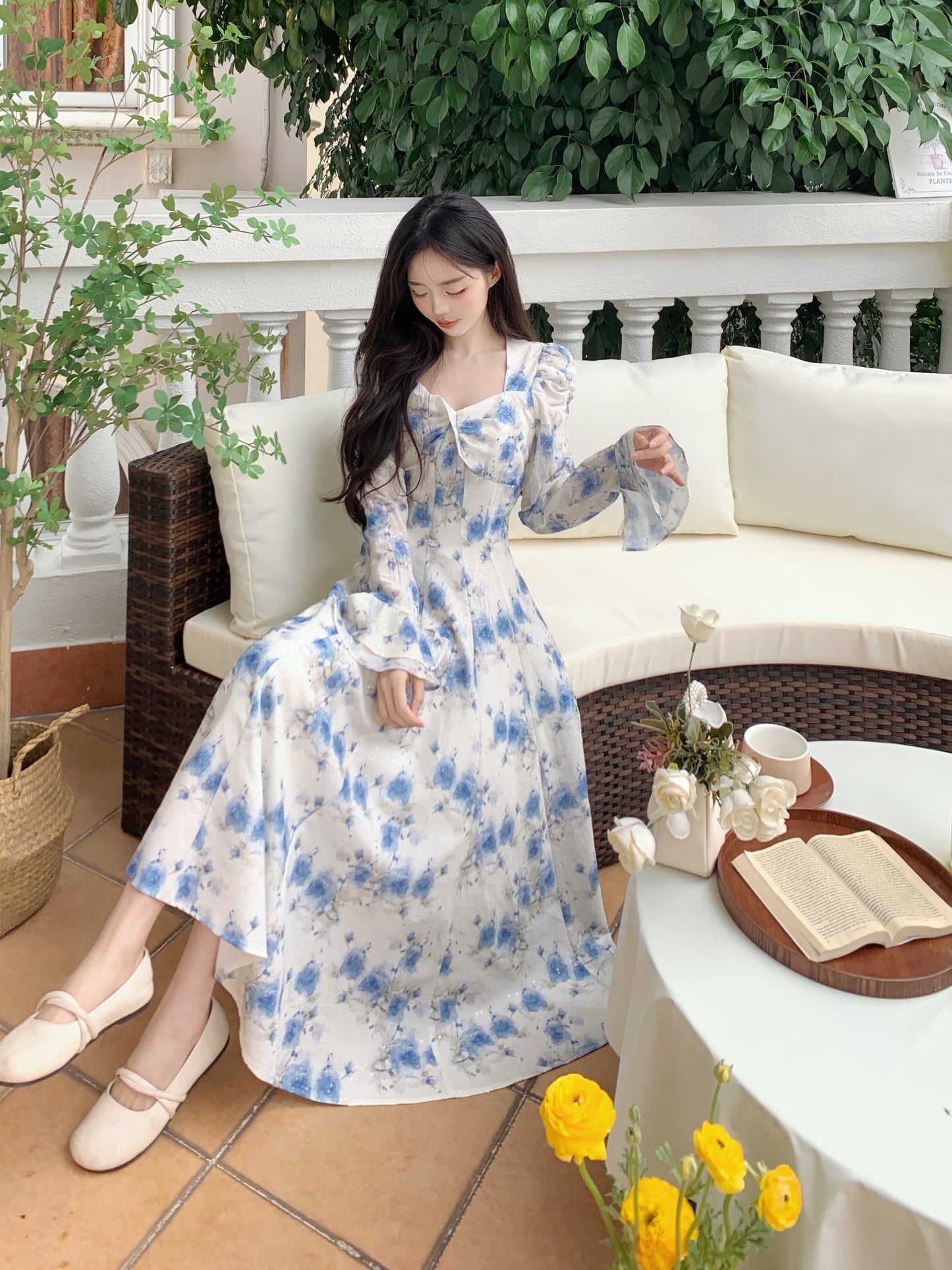 Blue Floral Elegant Fashion Long Sleeve Dress