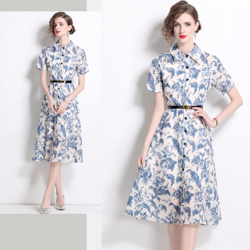 Blue Floral Polo Collar Dress