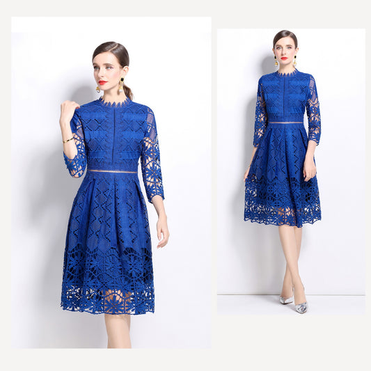 Blue Hollow Hook Flower Lace Dress