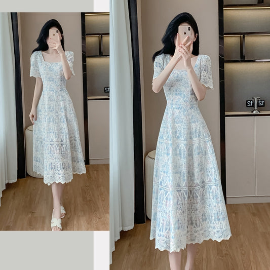 Blue Square Collar Lace Embroidery Dress