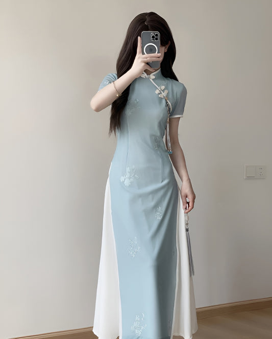 Blue Stitching White Cheongsam