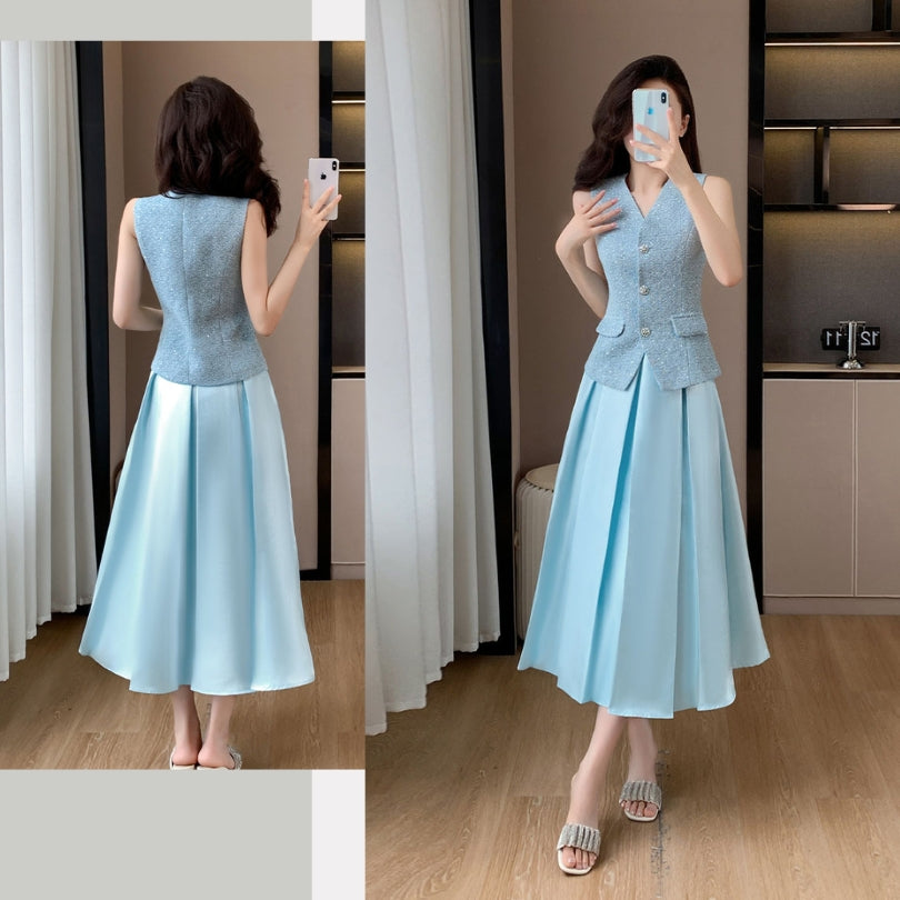 Blue Sleeveless Top + Pleated Skirt Two Pieces Set