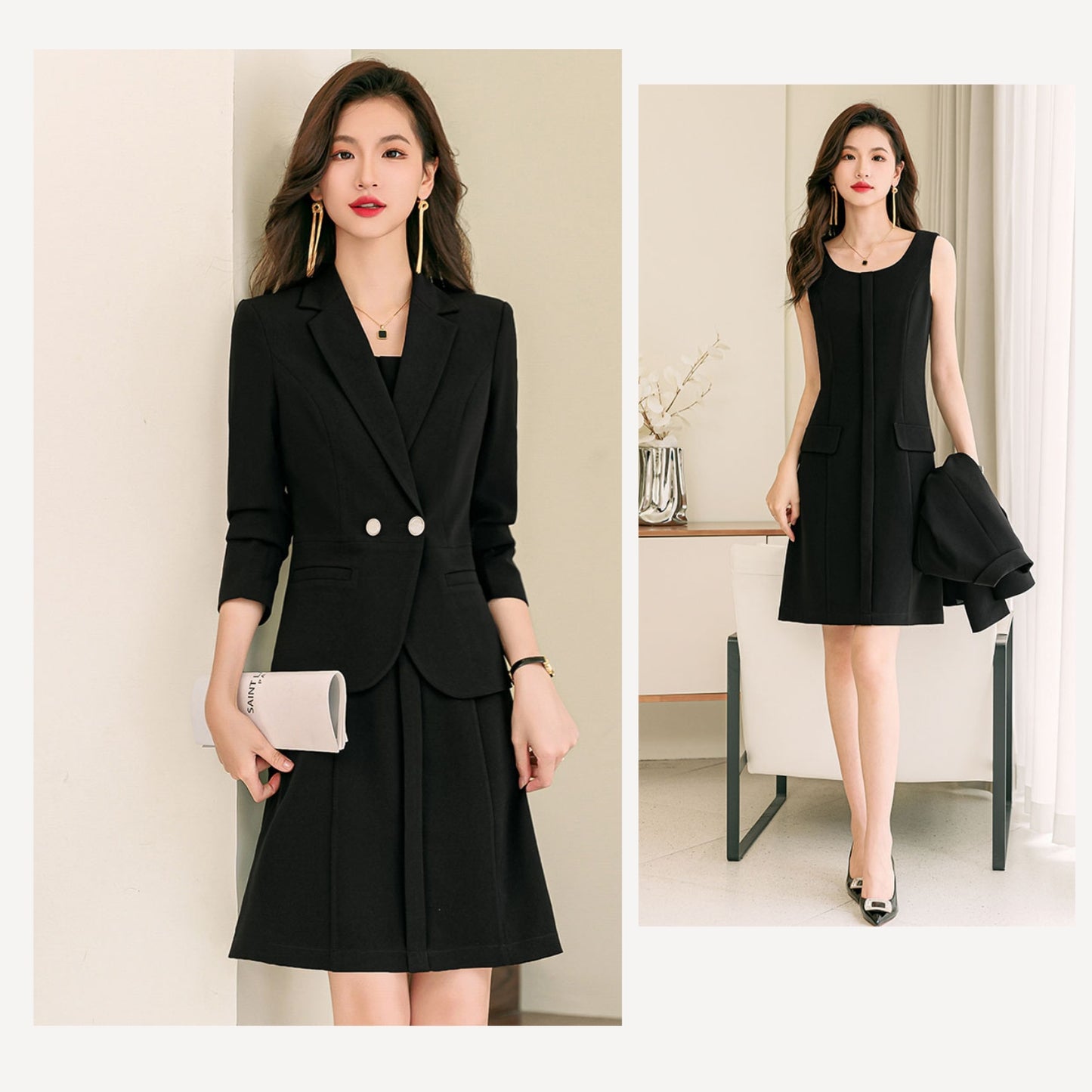 Casual Suit Jacket + Sleeveless Dress Two Pieces Suit Set