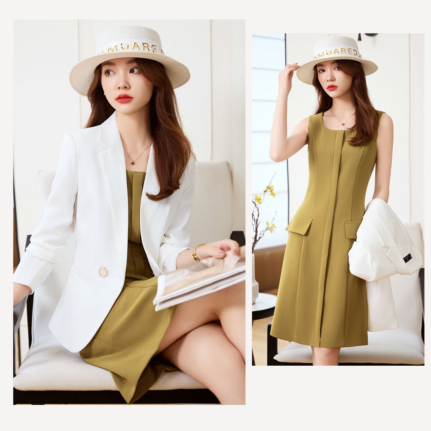 Casual Suit Jacket + Sleeveless Dress Two Pieces Suit Set