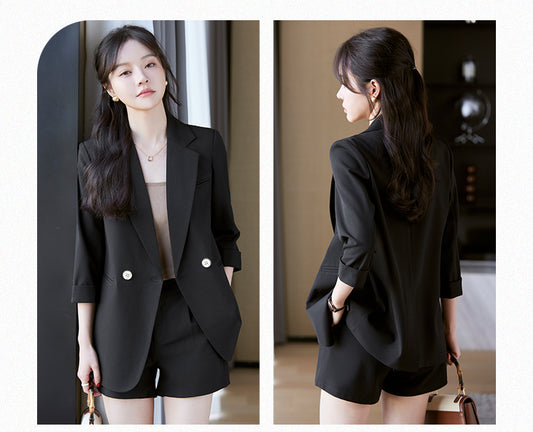 Casual Three-quarter Sleeve Blazer +  Shorts Two Pieces Suit Set