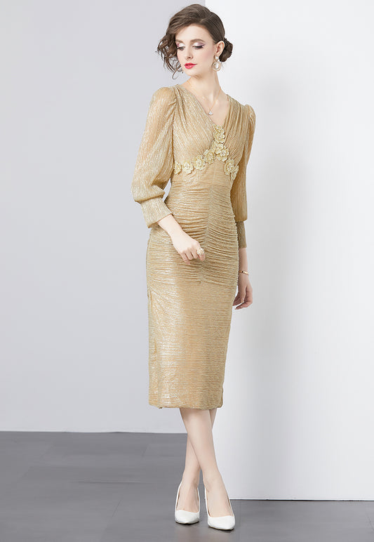 Champagne Gold V-neck Long Sleeve Slim Dress