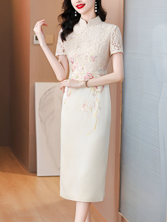 Champagne Color Lace Stitching Cheongsam Banquet Dress