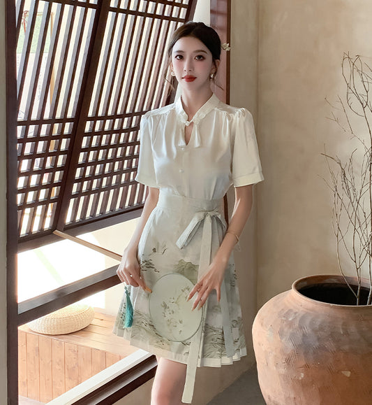 Short-sleeve Chinese Style Top + Green Wrapped Mini Skirt Two Pieces Set