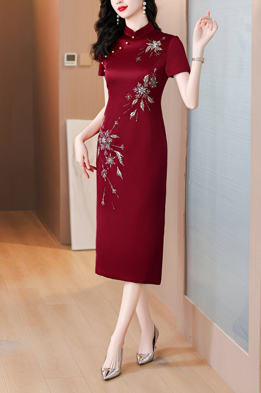 Claret Red Cheongsam Banquet Dress