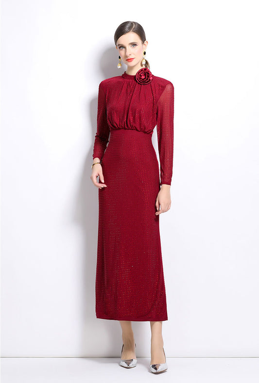 Claret Red Hot Diamond Mesh Elegant Long Dress