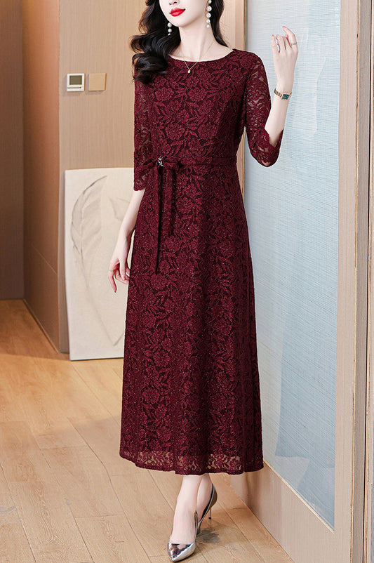 Claret Red Lace Elegant Evening Dress