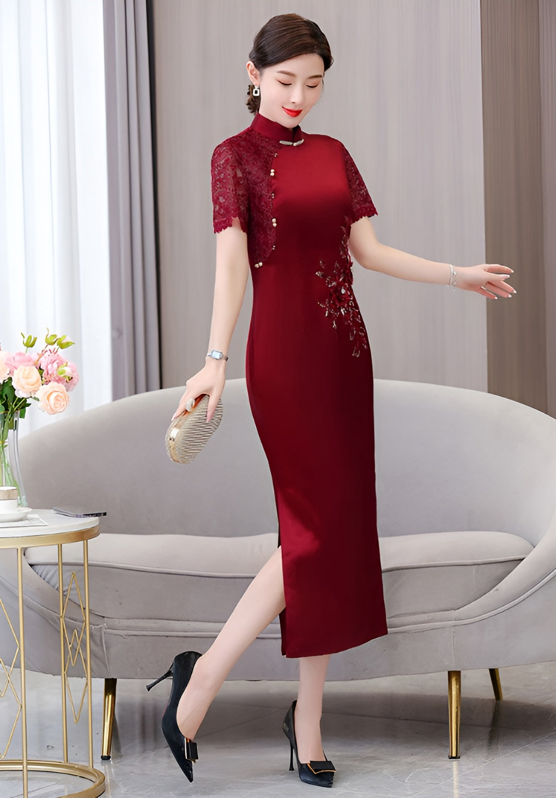 Claret Red Lace Stitching Elegant Cheongsam Banquet Dresss