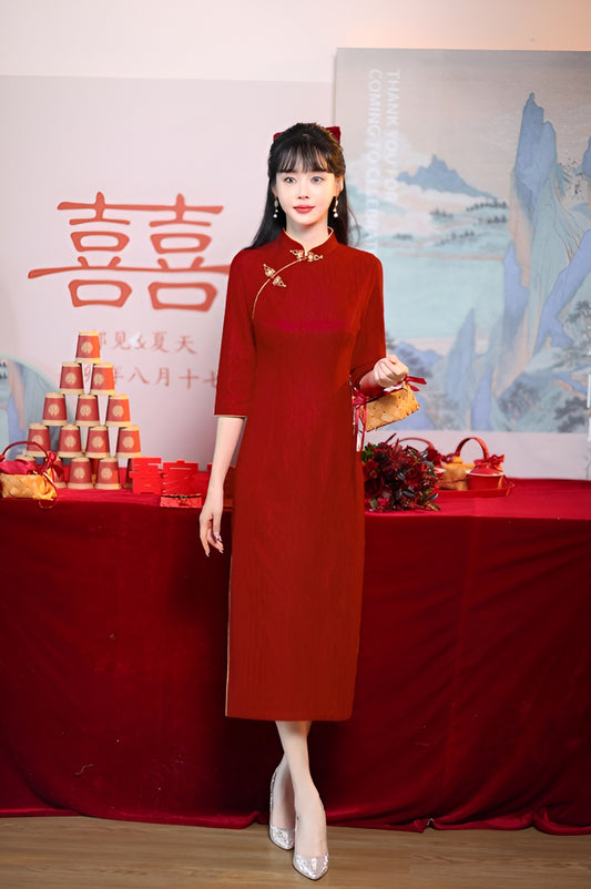 Claret Red Mid-length Cheongsam