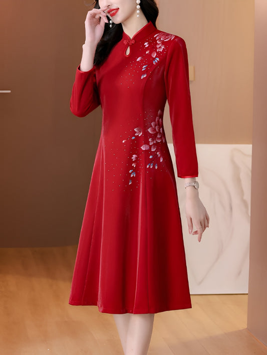 Claret Red Retro Long-sleeve Cheongsam